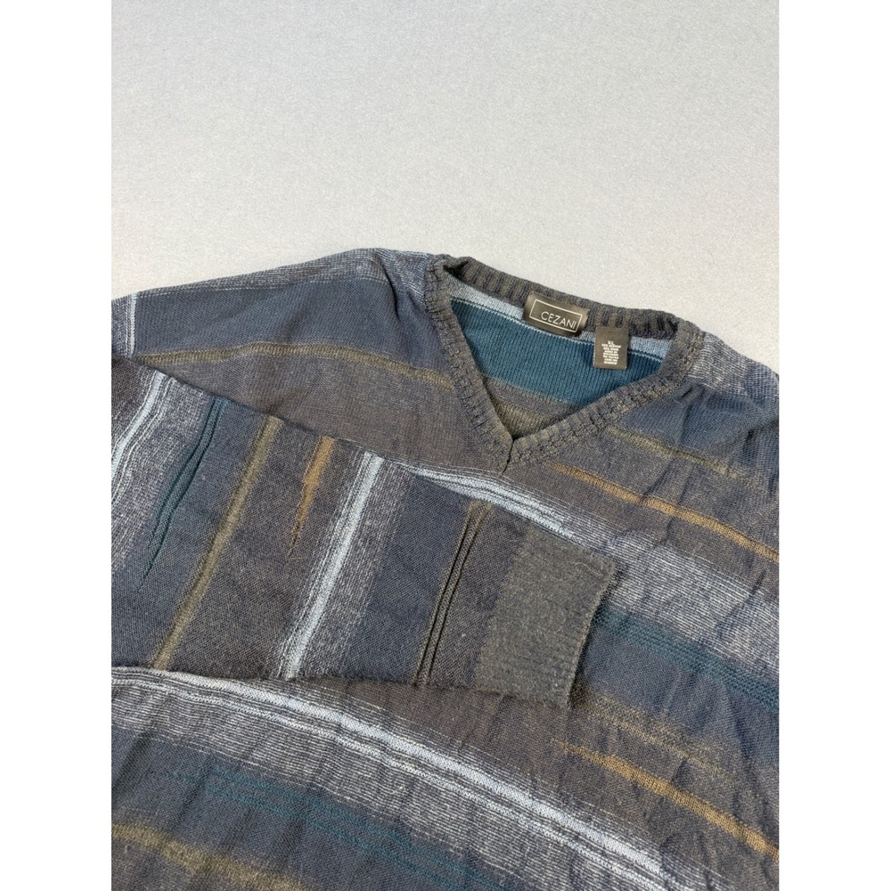 Cezani Mens XL V-Neck Striped Wool Blend Sweater Blue Grey Brown Long Sleeve